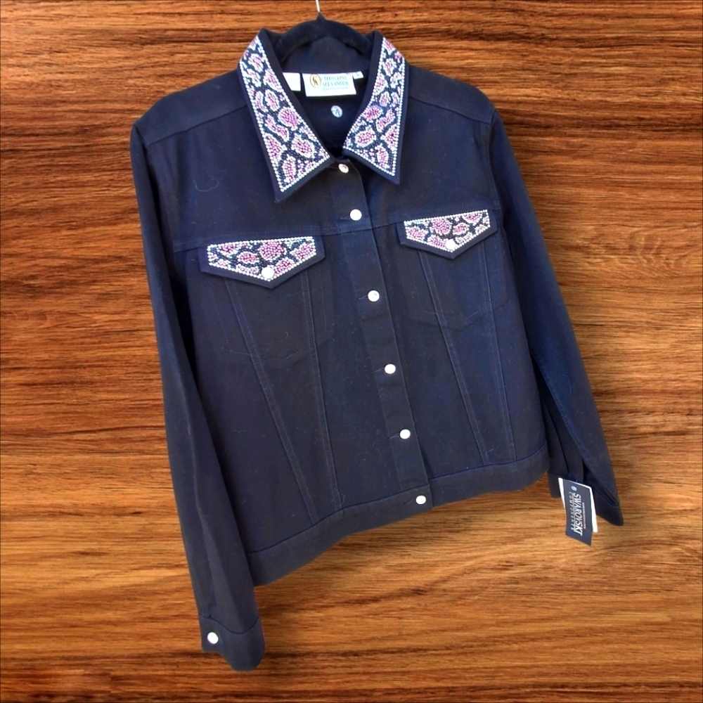 Christine Alexander Swarovski Crystal Black Denim Jean Jacket Women Size Large